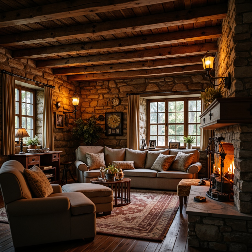 Prompt: Rustic cabin, wooden beams, stone walls, vintage furniture, warm candlelight, cozy fireplace, soft lanterns, metal chandeliers, distressed wood accents, earthy color palette, natural textiles, woven baskets, ambient warmth, golden hour lighting, shallow depth of field, 1/1 composition, realistic textures, atmospheric rendering.