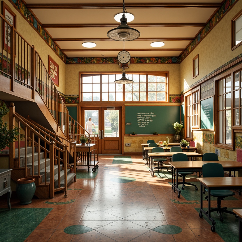 Prompt: Vibrant elementary school, Art Deco fa\u00e7ade, ornate metal gates, colorful glazed tiles, geometric patterned floors, rounded doorways, ornamental lighting fixtures, decorative pilasters, curved staircases, terrazzo flooring, bright classrooms, large windows, wooden desks, green chalkboards, educational posters, motivational quotes, soft warm lighting, shallow depth of field, 1/1 composition, symmetrical framing, realistic textures, ambient occlusion.