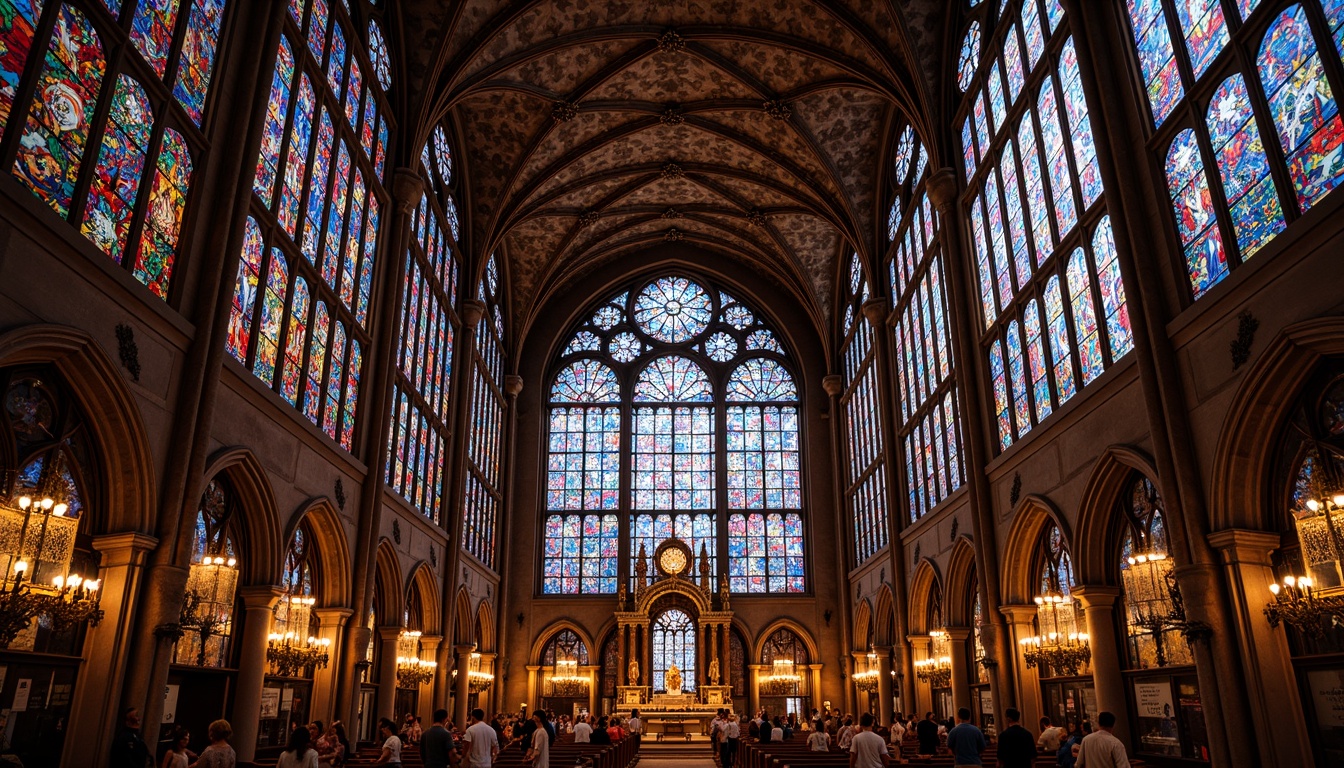 Prompt: Vibrant stained glass windows, kaleidoscope colors, intricate patterns, Gothic architectural style, ornate details, sacred ambiance, grand cathedral ceilings, luminous lighting effects, rich textures, luxurious materials, opulent decorations, majestic columns, symmetrical compositions, 1/1 aspect ratio, shallow depth of field, warm soft focus, realistic reflections, ambient occlusion.