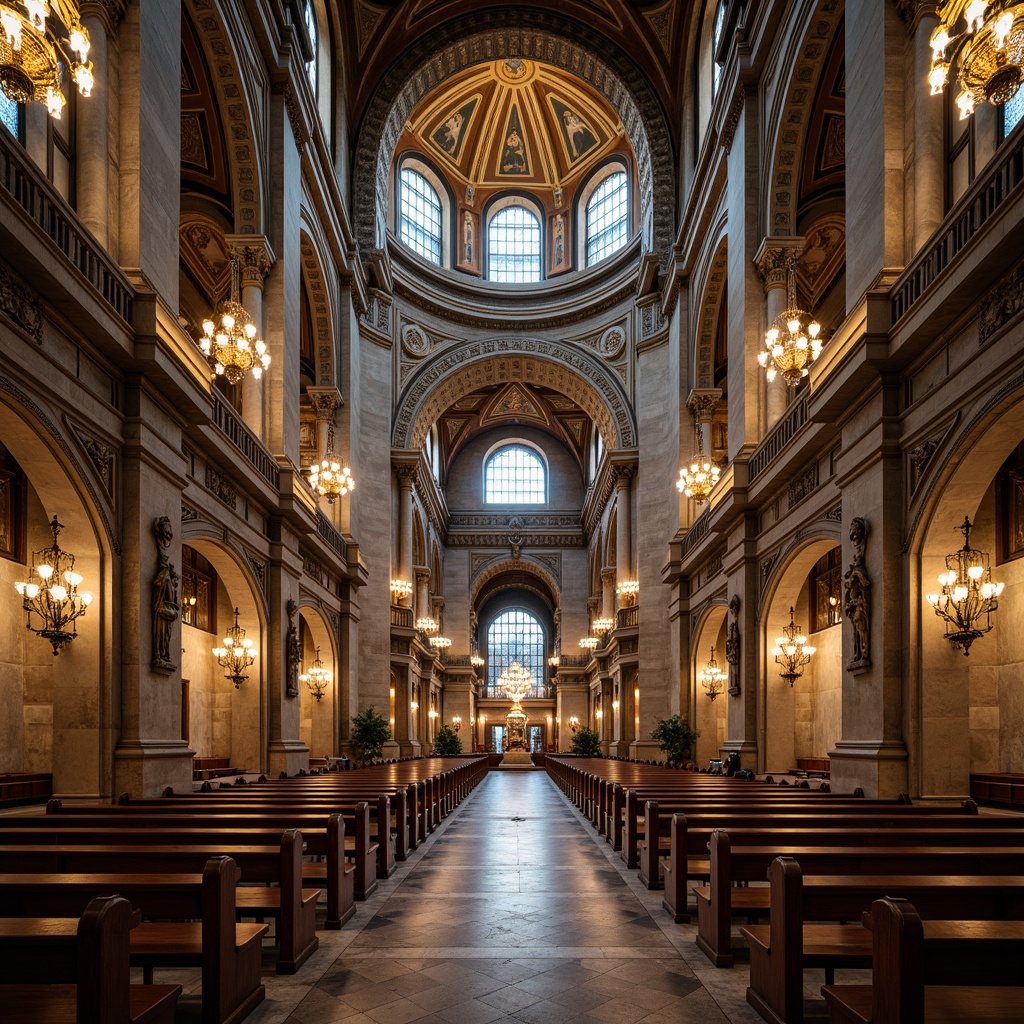 Prompt: Intricate stone carvings, ornate religious symbols, grandiose domes, stained glass windows, lavish chandeliers, marble floors, ornamental columns, classic archways, vaulted ceilings, rich tapestries, intricate frescoes, gilded details, solemn atmosphere, warm soft lighting, dramatic shadows, 1/2 composition, low angle shot, realistic textures, ambient occlusion.