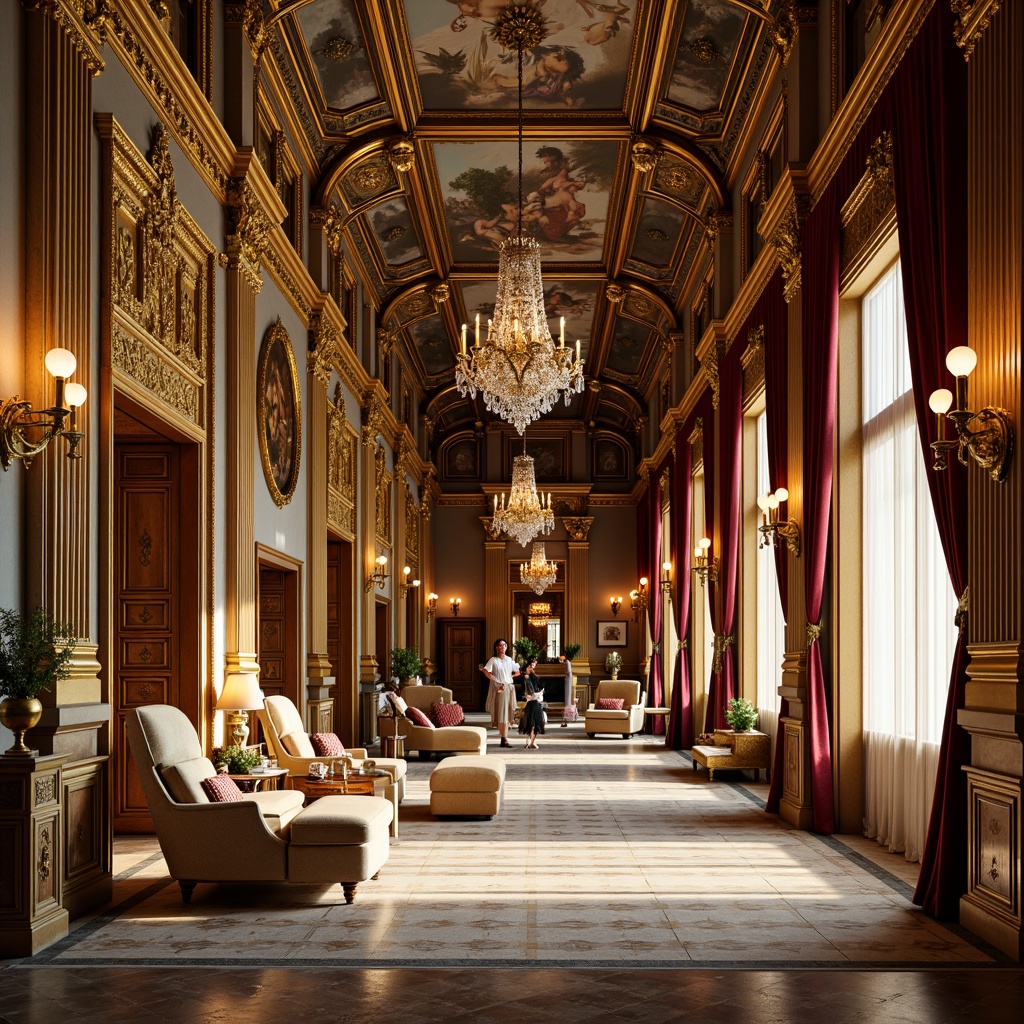 Prompt: Ornate Baroque palace, intricately carved wooden doors, gilded frames, ornamental stucco ceilings, lavish furnishings, rich velvet drapes, gold-leaf accents, marble columns, grand chandeliers, crystal prisms, elaborate frescoes, detailed moldings, luxurious fabrics, opulent patterns, warm golden lighting, shallow depth of field, 1/2 composition, dramatic shadows, highly realistic textures, ambient occlusion.