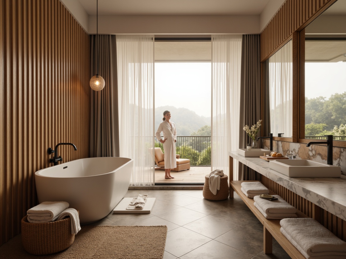 Prompt: Luxurious bathroom, warm ambient lighting, soft focus, calming atmosphere, plush towels, velvety bathrobes, gentle color palette, marble countertops, minimalist sink design, freestanding tub, floor-to-ceiling windows, natural daylight, sheer curtains, woven bamboo flooring, matte black fixtures, subtle texture contrast, 1/2 composition, warm neutral tones, cozy throw blankets, spa-inspired ambiance, relaxing getaway.