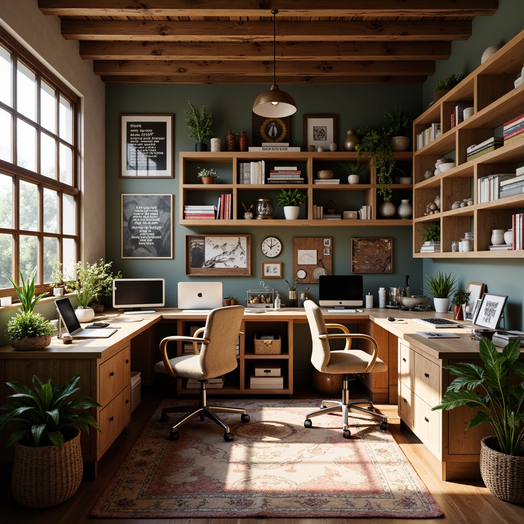 Prompt: Cozy craft room, wooden desks, comfortable ergonomic chairs, plenty of natural light, inspirational quotes, vintage academic decor, rich wood tones, earthy color palette, soft warm lighting, organized storage spaces, creative supply stations, artistic displays, framed artwork, motivational posters, rustic shelving units, woven baskets, plush area rugs, calming ambiance, shallow depth of field, 1/2 composition, realistic textures, ambient occlusion.