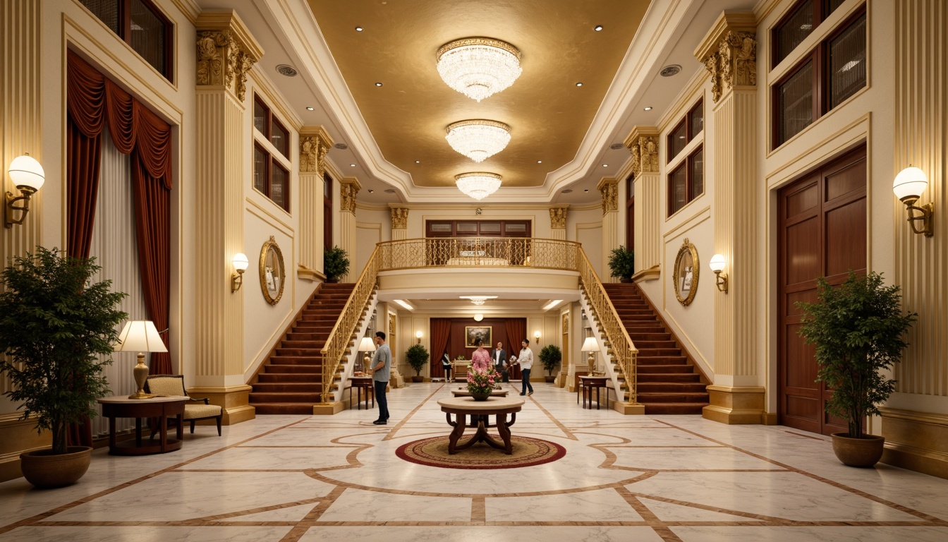 Prompt: Grand hotel lobby, high ceilings, ornate chandeliers, neoclassical columns, intricate moldings, marble flooring, polished wooden accents, luxurious carpeting, velvet drapes, crystal sconces, gilded frames, antique furnishings, elegant staircases, spacious corridors, warm beige walls, refined cream-colored trim, lavish floral arrangements, soft golden lighting, shallow depth of field, 1/1 composition, realistic textures, ambient occlusion.