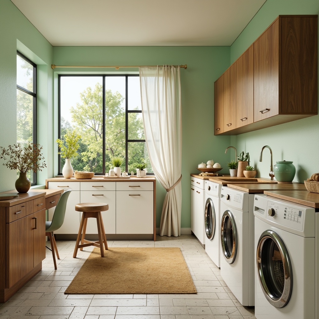 Prompt: Mid-century modern laundry room, pastel color scheme, soft mint green walls, creamy white cabinets, warm beige countertops, rich walnut wood accents, vintage metal appliances, rounded edges, minimalist decor, natural stone flooring, abundant natural light, large windows, sheer curtains, warm ambient lighting, shallow depth of field, 1/1 composition, realistic textures, subtle shadows.