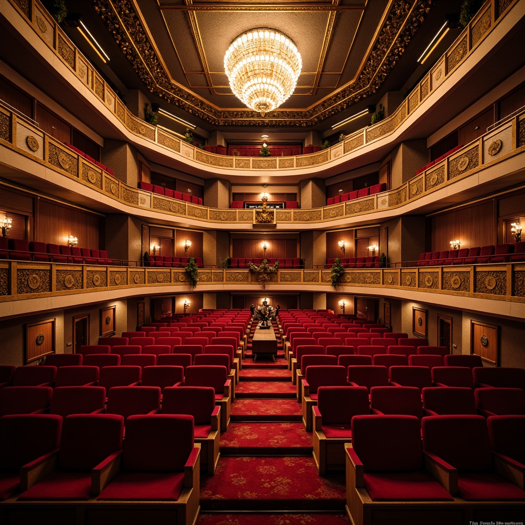 Prompt: Elegant theater interior, plush velvet seats, ornate gold railings, grand chandeliers, red carpet aisles, raised platforms, sweeping balconies, intimate stage settings, dramatic spotlights, rich wood accents, luxurious upholstery, comfortable legroom, ample armrests, tiered seating sections, excellent acoustics, soft warm ambiance, 1/2 composition, shallow depth of field, realistic textures.