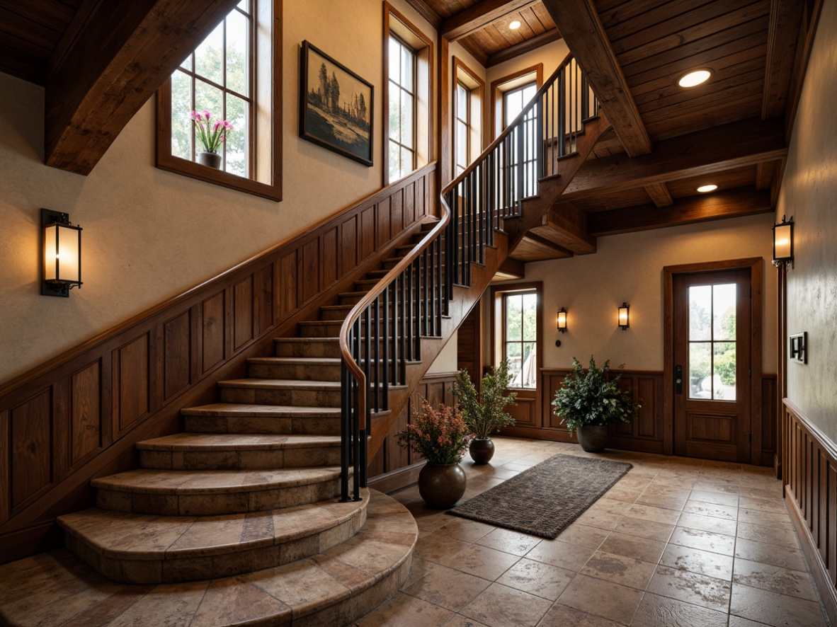 Prompt: Rustic staircase, wooden handrails, ornate metal balusters, distressed wood accents, earthy color palette, natural stone walls, vintage lanterns, grand entrance foyer, sweeping curved lines, luxurious carpeting, rich wood tones, decorative newel posts, intricate carvings, warm soft lighting, shallow depth of field, 1/1 composition, realistic textures, ambient occlusion.