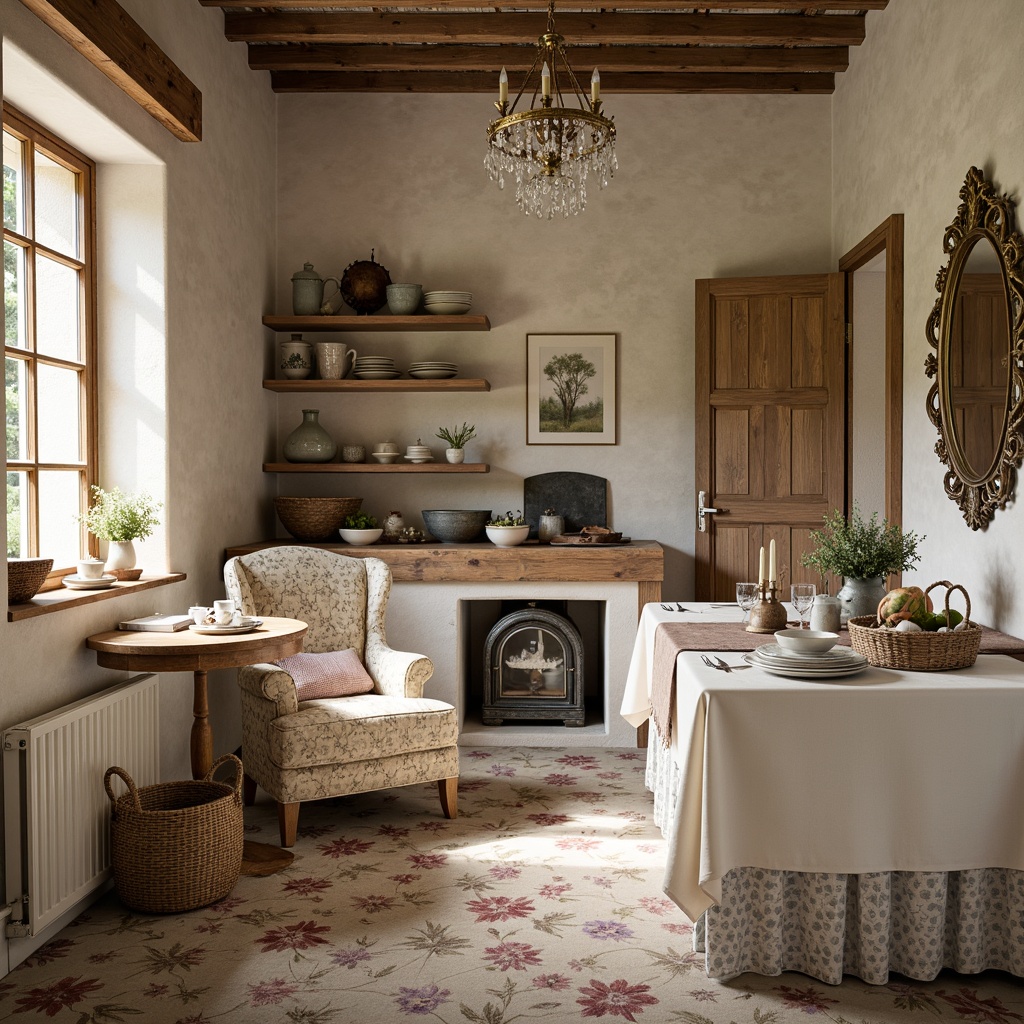 Prompt: Rustic farmhouse, soft creamy whites, warm beige tones, distressed wood accents, vintage metalware, earthy terracotta hues, muted sage greens, dusty lavender shades, weathered stone walls, floral patterns, toile de Jouy fabrics, natural linen textures, elegant crystal chandeliers, ornate gold frames, afternoon sunlight, soft warm glow, 1/2 composition, romantic atmosphere, realistic worn edges.