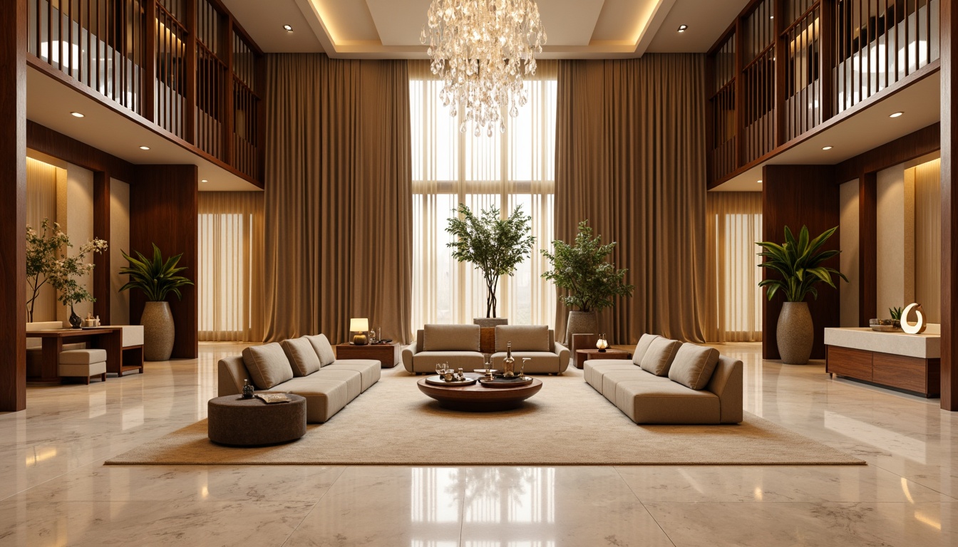 Prompt: Luxurious hotel lobby, rich wood accents, creamy marble floors, warm golden lighting, plush velvet sofas, elegant chrome fixtures, sophisticated neutral tones, calming natural textures, serene botanical elements, lavish crystal chandeliers, spacious open layout, modern minimalist design, soft gradient color transitions, atmospheric ambient occlusion, 1/2 composition, realistic material rendering.