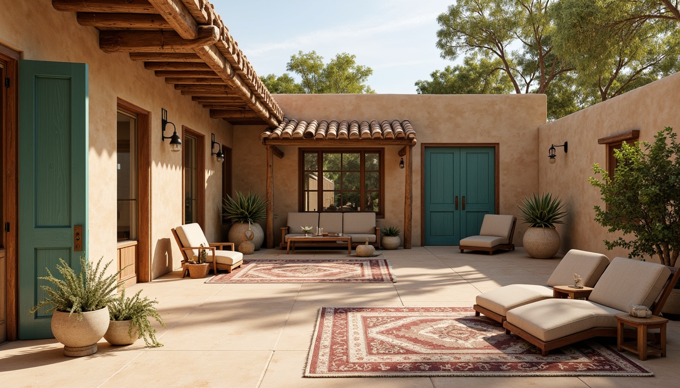 Prompt: Earth-toned stucco walls, rustic wooden accents, terracotta roof tiles, vibrant turquoise doors, ornate metalwork, geometric patterned rugs, sandy beige floors, warm golden lighting, shallow depth of field, 1/1 composition, realistic textures, ambient occlusion, adobe-style architecture, curved lines, cozy outdoor spaces, desert landscape, cacti plants, bright sunny day.