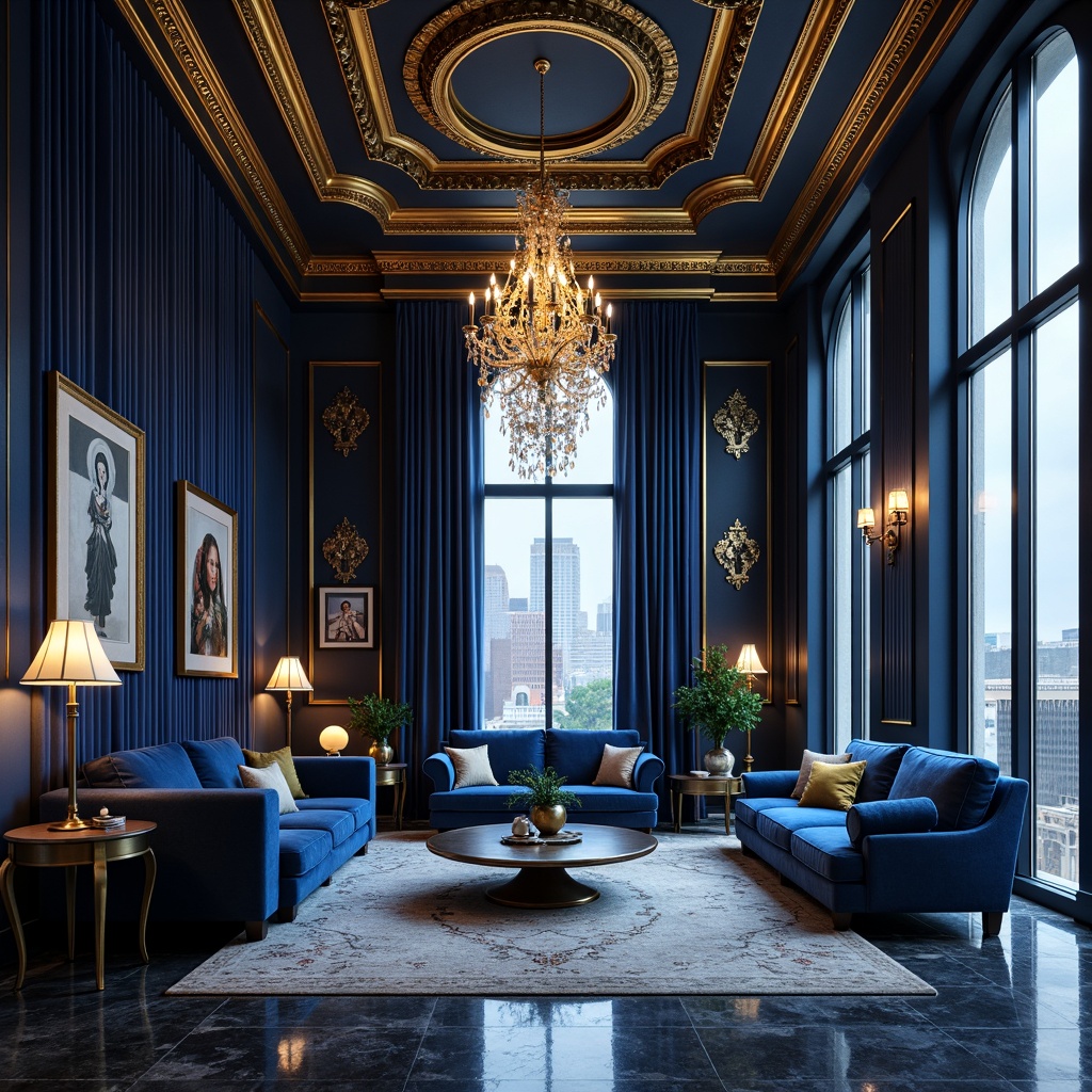 Prompt: Rich sapphire blue, luxurious velvet fabrics, ornate gold accents, regal crown molding, lavish crystal chandeliers, opulent marble floors, sophisticated modern furniture, dramatic floor-to-ceiling windows, warm golden lighting, atmospheric misty effects, cinematic 2.35