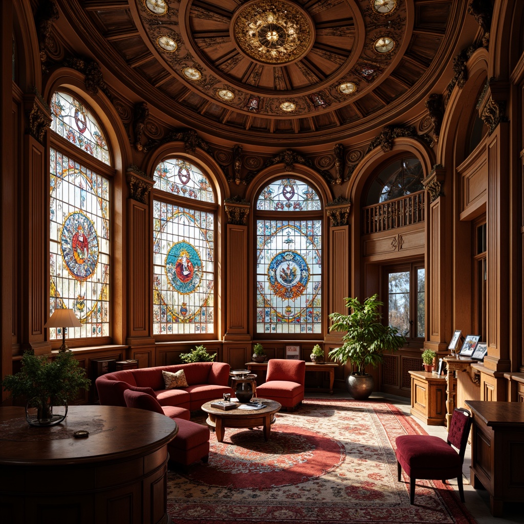 Prompt: Luxurious office interior, ornate wooden furniture, curved lines, flowing organic shapes, stained glass windows, vibrant colorful patterns, intricate metalwork, decorative floral motifs, elegant typography, vintage-inspired accessories, rich velvet textiles, warm golden lighting, shallow depth of field, 1/2 composition, soft focus, subtle lens blur.