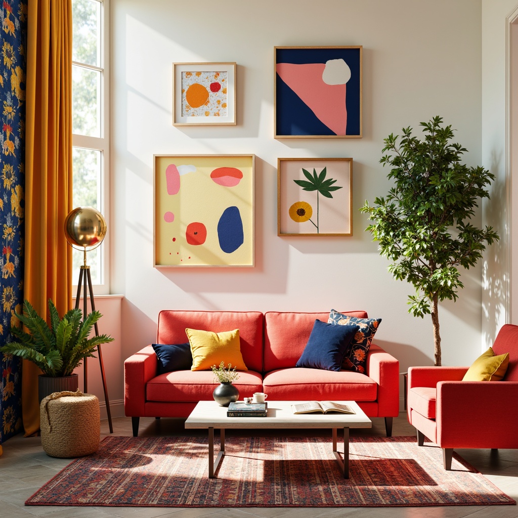 Prompt: Vibrant colorful accents, bold geometric shapes, modern furniture pieces, sleek metallic frames, richly textured rugs, statement lighting fixtures, eclectic decorative objects, playful patterned walls, creamy white backgrounds, warm golden lighting, shallow depth of field, 3/4 composition, panoramic view, realistic textures, ambient occlusion.