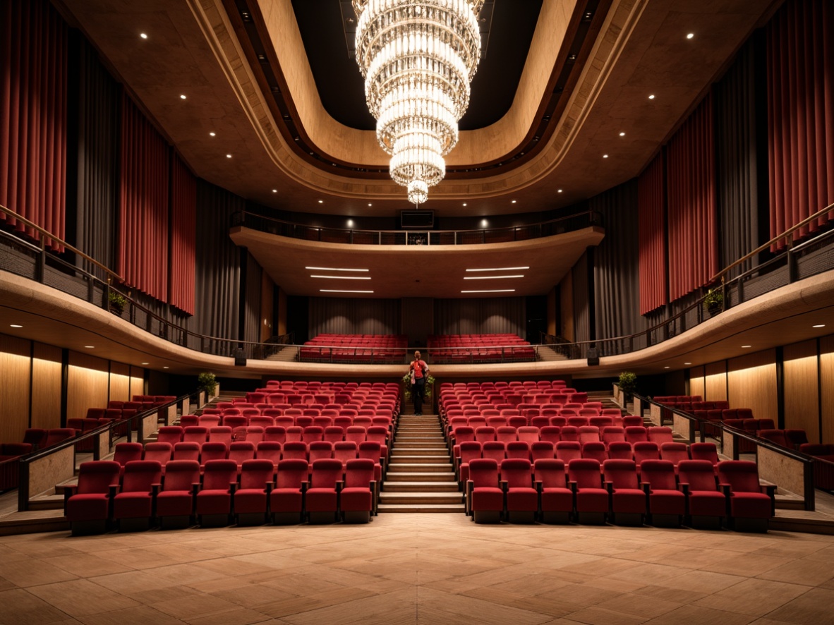 Prompt: Elegant auditorium, plush velvet seats, polished wooden floors, subtle lighting design, grand chandelier, luxurious textiles, sophisticated color palette, refined metal accents, curved lines, modern architecture, spacious foyer, ornate details, dramatic spotlights, soft warm glow, shallow depth of field, 3/4 composition, panoramic view, realistic textures, ambient occlusion.