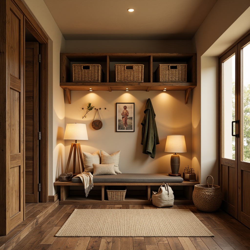 Prompt: Cozy mudroom, warm beige walls, wooden bench, rustic storage cabinets, woven baskets, natural fiber rugs, earthy color palette, soft overhead lighting, table lamps, floor lamps, pendant lights, LED strips, ambient illumination, 3-point lighting setup, shallow depth of field, realistic textures, warm inviting atmosphere.