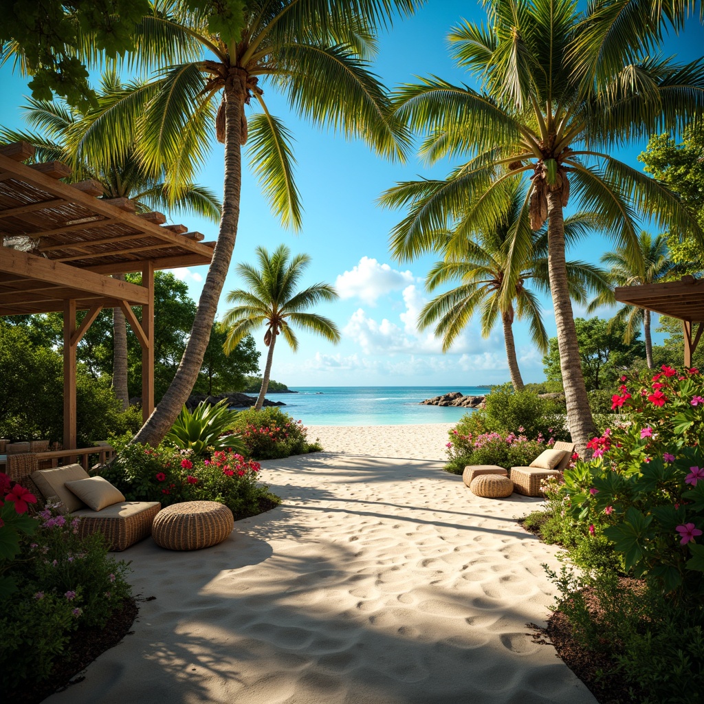 Prompt: Vibrant tropical paradise, lush green foliage, exotic palm trees, colorful hibiscus flowers, warm sandy beach, crystal-clear turquoise water, rustic wooden accents, woven rattan furniture, natural fiber textiles, soft diffused lighting, shallow depth of field, 1/1 composition, panoramic view, realistic textures, ambient occlusion, warm sunny day, gentle ocean breeze, soothing sound of waves.