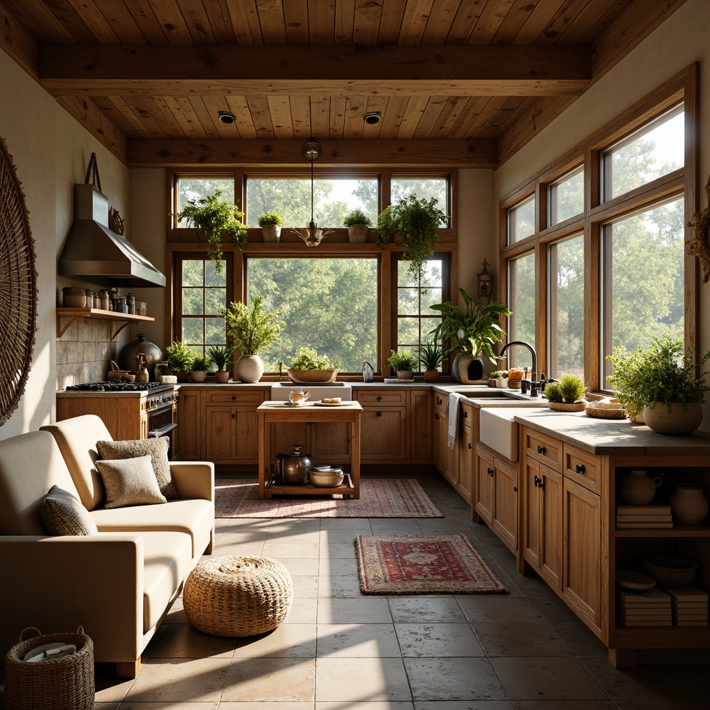 Prompt: Rustic farmhouse, natural wood accents, earthy tones, vintage decorative items, distressed finishes, cozy reading nooks, plush furniture, soft warm lighting, functional kitchen islands, farmhouse sinks, wooden cabinetry, open shelving, natural stone flooring, woven textiles, organic patterns, abundant greenery, sunny windows, shallow depth of field, 3/4 composition, warm color palette, inviting atmosphere.