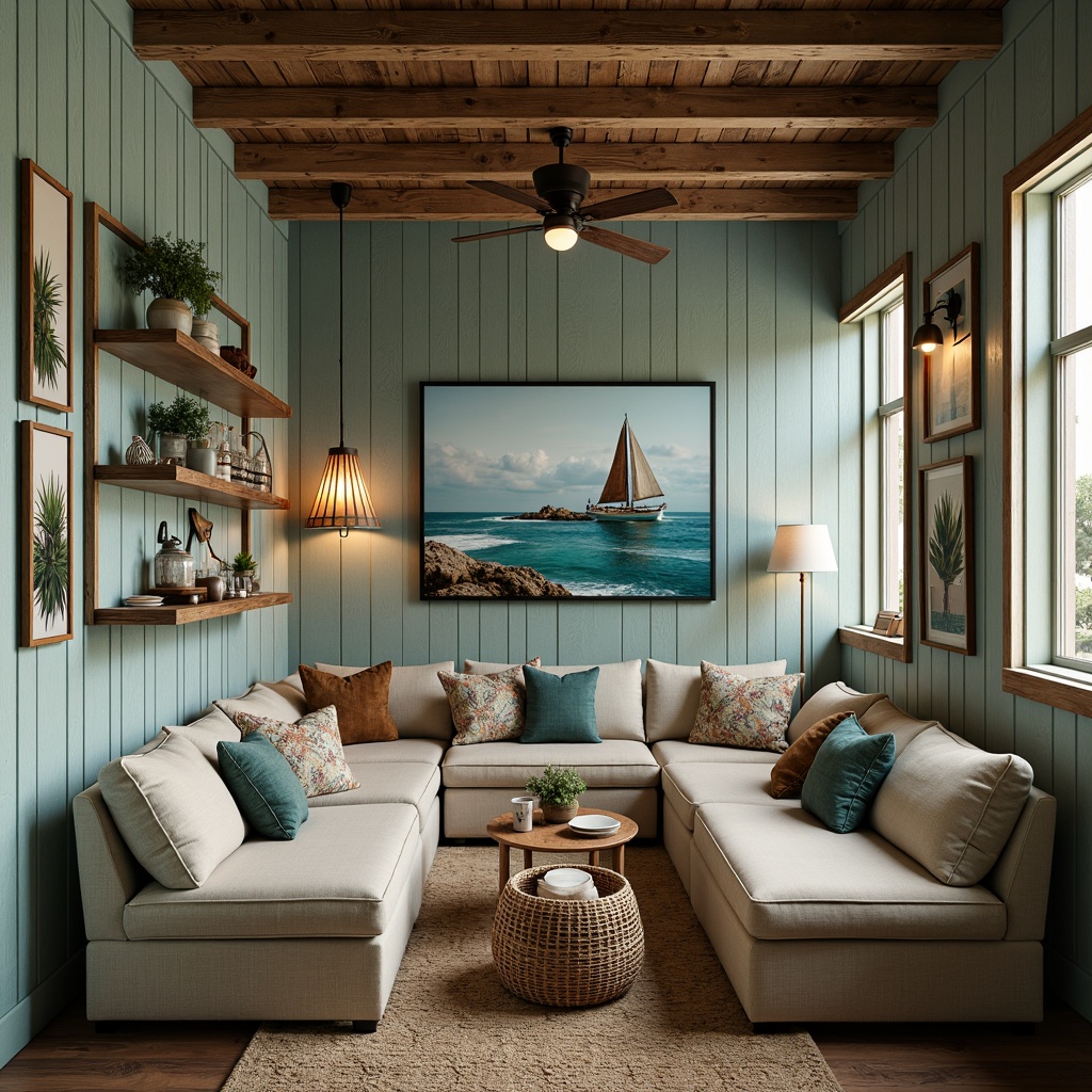 Prompt: Coastal cinema interior, driftwood accents, vintage nautical instruments, distressed wooden panels, soft blue-green color palette, natural linen upholstery, woven sea grass rugs, coral patterned textiles, glass pendant lights, rustic metal fixtures, reclaimed wood shelving, ocean-inspired artwork, calming ambiance, warm golden lighting, shallow depth of field, 1/2 composition, cinematic framing.