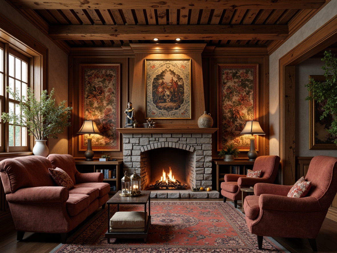 Prompt: Rustic wooden accents, natural stone walls, earthy color palette, cozy fireplaces, plush velvet furnishings, distressed leather armchairs, vintage metal lanterns, rich tapestries, ornate wooden carvings, warm candle lighting, soft ambient glow, shallow depth of field, 1/2 composition, intimate atmosphere, realistic textures, subtle ambient occlusion.