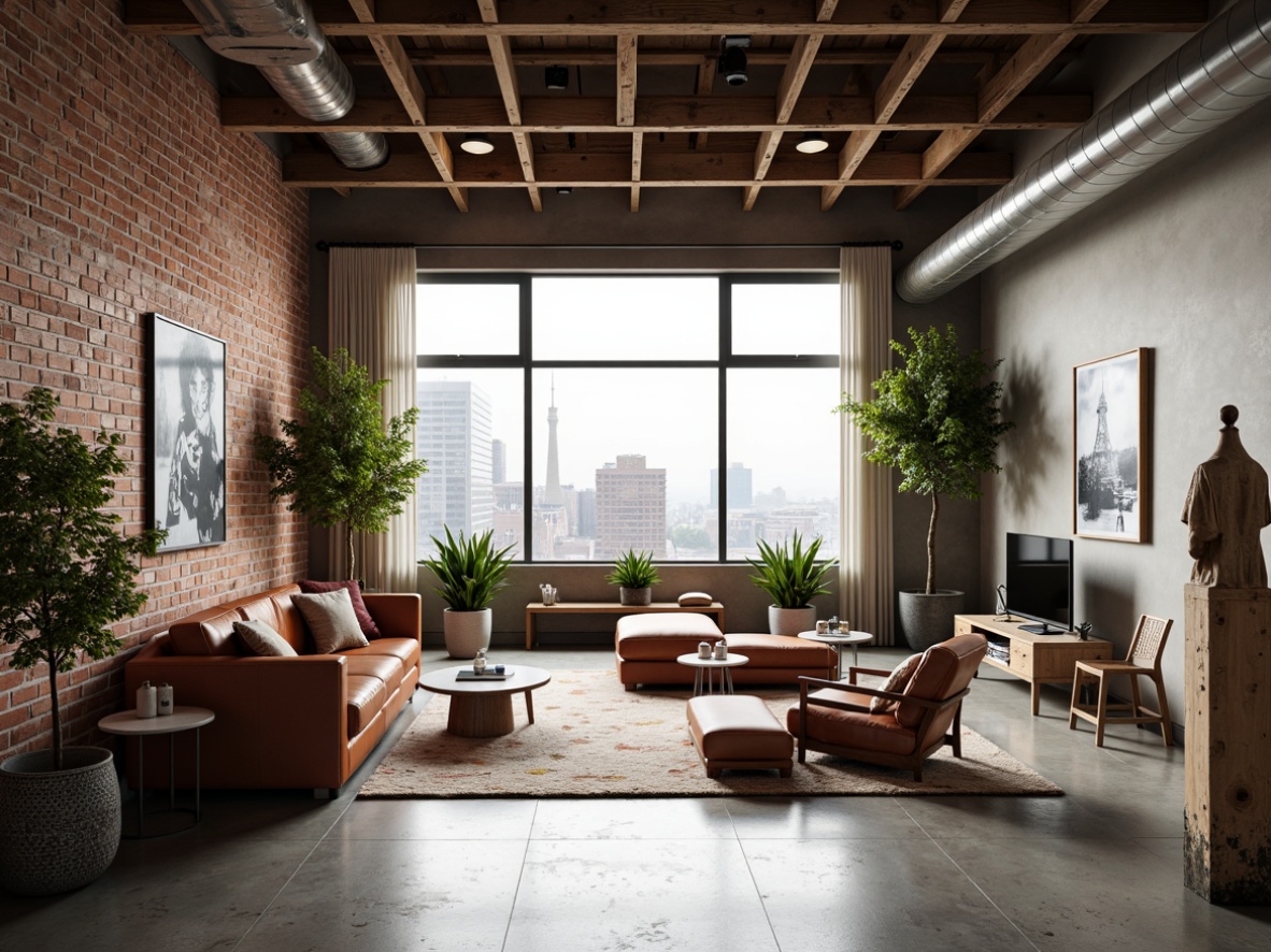 Prompt: Exposed brick walls, polished concrete floors, industrial metal beams, reclaimed wood accents, modern minimalist decor, open concept living area, floor-to-ceiling windows, urban city views, natural light pouring in, airy atmosphere, sparse greenery, industrial-style lighting fixtures, distressed leather sofas, abstract artwork, eclectic vintage furniture pieces, warm neutral color palette, soft box lighting, shallow depth of field, 2/3 composition, realistic textures, ambient occlusion.