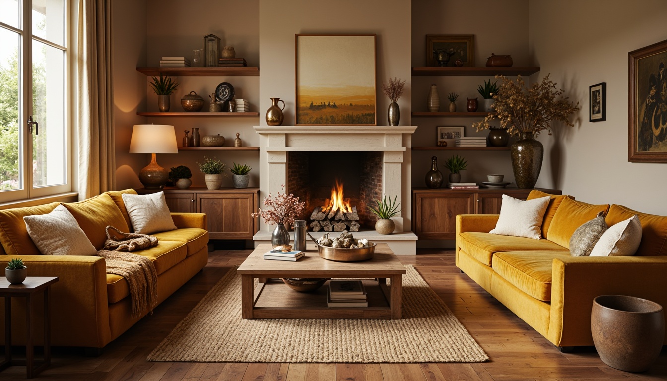 Prompt: Cozy living room, warm beige walls, rich walnut wood flooring, plush golden throw blankets, comfortable velvet sofas, soft cream-colored pillows, rustic wooden coffee tables, vintage bronze lamps, earthy terracotta vases, natural jute rugs, creamy white marble fireplaces, warm ambient lighting, shallow depth of field, 1/1 composition, intimate atmosphere.