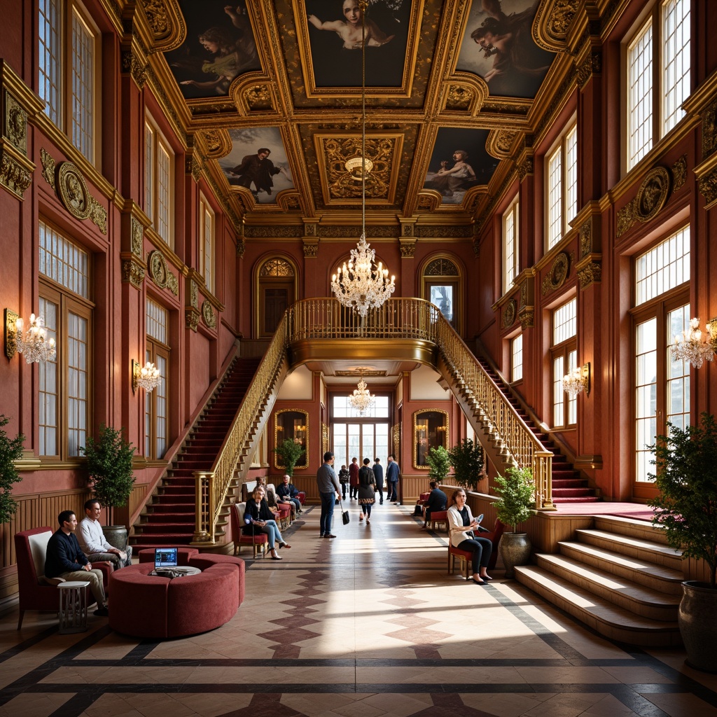 Prompt: Grandiose train station, ornate golden accents, intricately carved wooden panels, luxurious velvet upholstery, crystal chandeliers, majestic archways, sweeping staircases, opulent marble floors, gilded frescoes, delicate filigree, soft warm lighting, shallow depth of field, 3/4 composition, panoramic view, realistic textures, ambient occlusion.