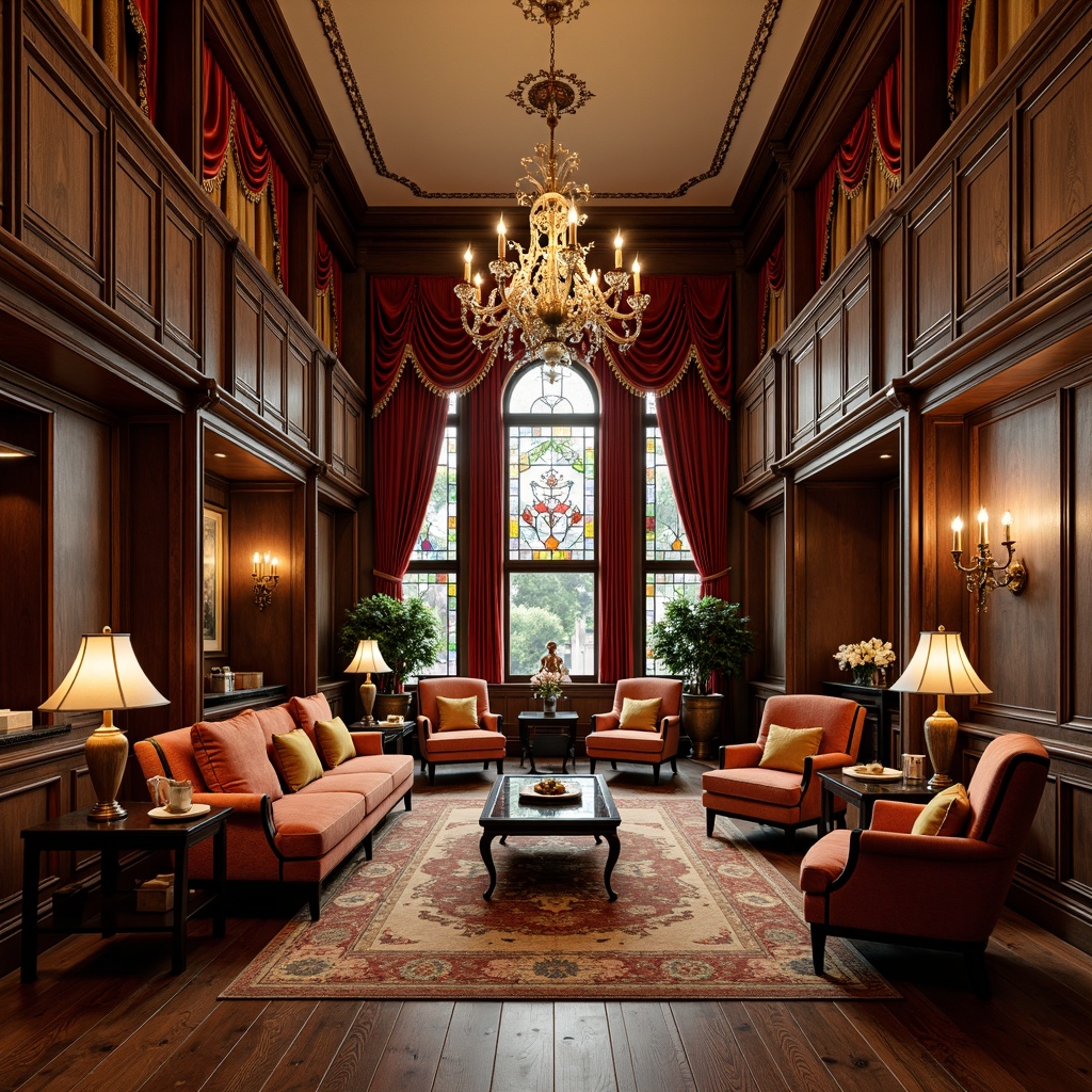 Prompt: Elegant wooden floors, grand chandeliers, ornate moldings, rich velvet drapes, antique furniture pieces, carved wooden accents, plush sofas, tufted armchairs, wooden paneling, stained glass windows, intricate patterns, luxurious fabrics, warm earthy tones, classic art pieces, dramatic lighting, symmetrical composition, realistic textures, ambient occlusion.