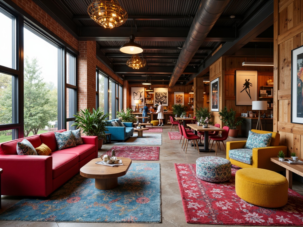 Prompt: Vibrant eclectic space, mix-and-match furniture, bold color schemes, playful patterns, textured rugs, statement lighting fixtures, eclectic decorative accents, reclaimed wood walls, industrial metal beams, exposed brick columns, cozy reading nooks, flexible seating arrangements, adaptable shelving systems, natural stone floors, abstract artwork, dynamic spatial layouts, 1/2 composition, warm atmospheric lighting, shallow depth of field.