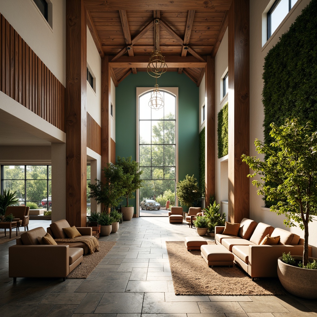 Prompt: Spacious entrance hall, high ceilings, natural stone flooring, warm wooden accents, cozy seating areas, plush couches, vibrant green walls, floor-to-ceiling windows, abundant natural light, soft warm lighting, 1/1 composition, shallow depth of field, realistic textures, ambient occlusion, modern minimalist decor, elegant chandeliers, rustic wood beams, earthy color palette, organic shapes, serene atmosphere.