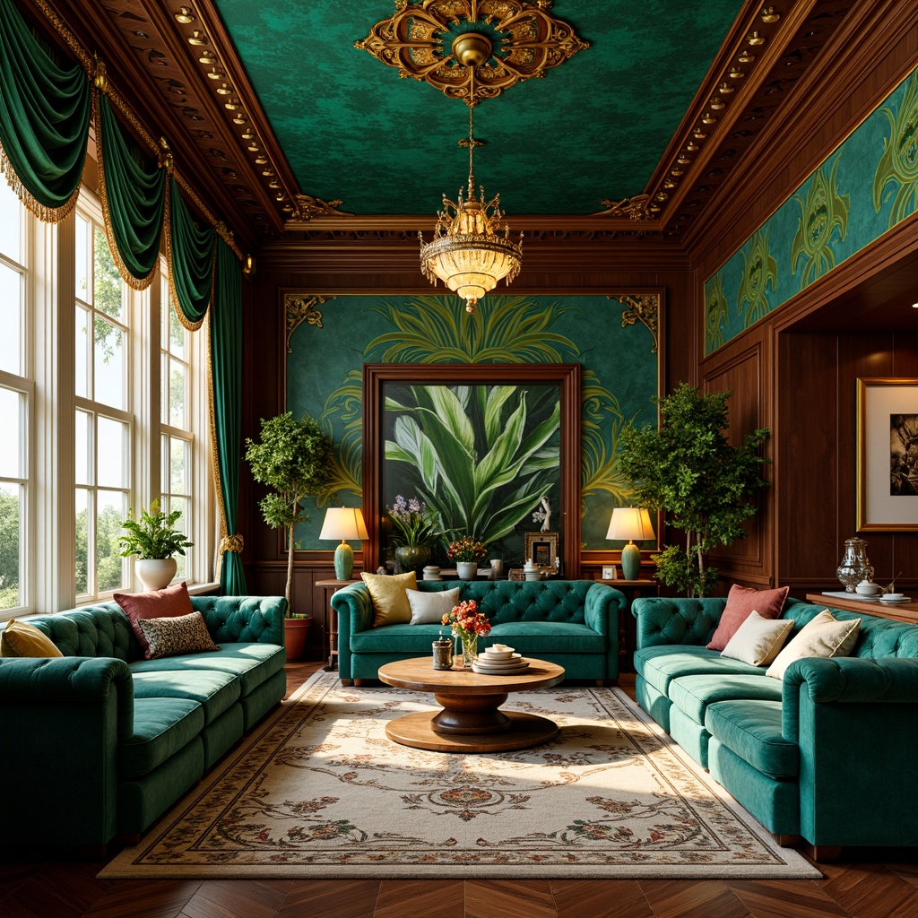 Prompt: Opulent Art Nouveau interior, lavish velvet fabrics, rich jewel-toned colors, emerald green walls, sapphire blue accents, amber lighting, ornate gold fixtures, flowing organic patterns, curvaceous lines, floral motifs, intricate moldings, luxurious marble floors, polished wooden paneling, vintage decorative tiles, soft warm glow, atmospheric shadows, 1/1 composition, intimate framing, realistic textures, subtle ambient occlusion.