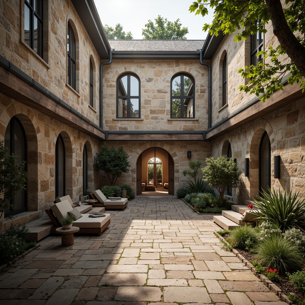 Prompt: Serene monastery courtyard, rustic stone walls, arched windows, industrial pipes, metal beams, reclaimed wood accents, natural light pouring in, meditation gardens, peaceful water features, minimalist benches, spiritual symbols, weathered brick textures, earthy color palette, soft warm lighting, shallow depth of field, 3/4 composition, panoramic view, realistic ambient occlusion, subtle fog effects.Let me know if this meets your requirements!