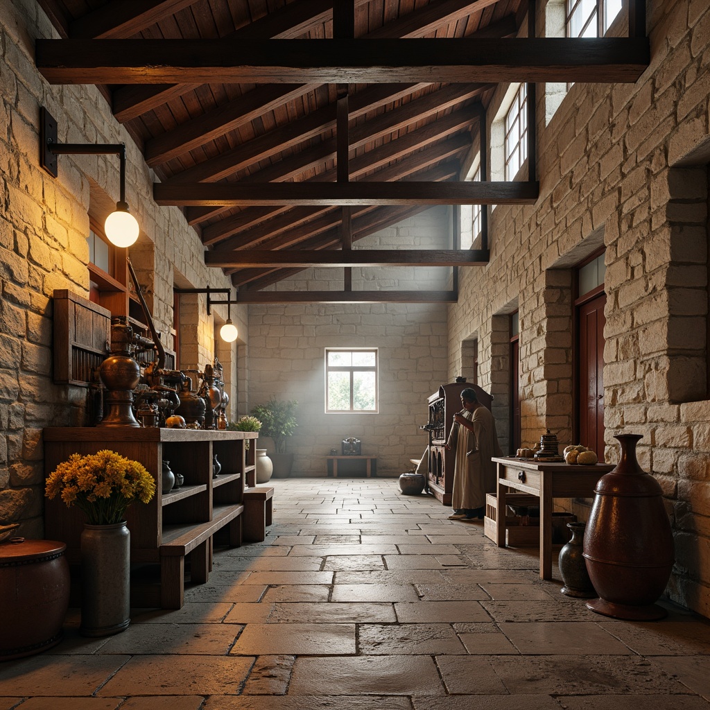 Prompt: \Monastery industrial space, rustic stone walls, distressed wooden beams, metal accents, vintage machinery, earthy tones, weathered copper pipes, faded brick reds, muted golds, soft grays, creamy whites, warm beige, natural textures, ambient lighting, subtle shadows, atmospheric fog, cinematic mood, 1/2 composition, realistic render, high dynamic range.\