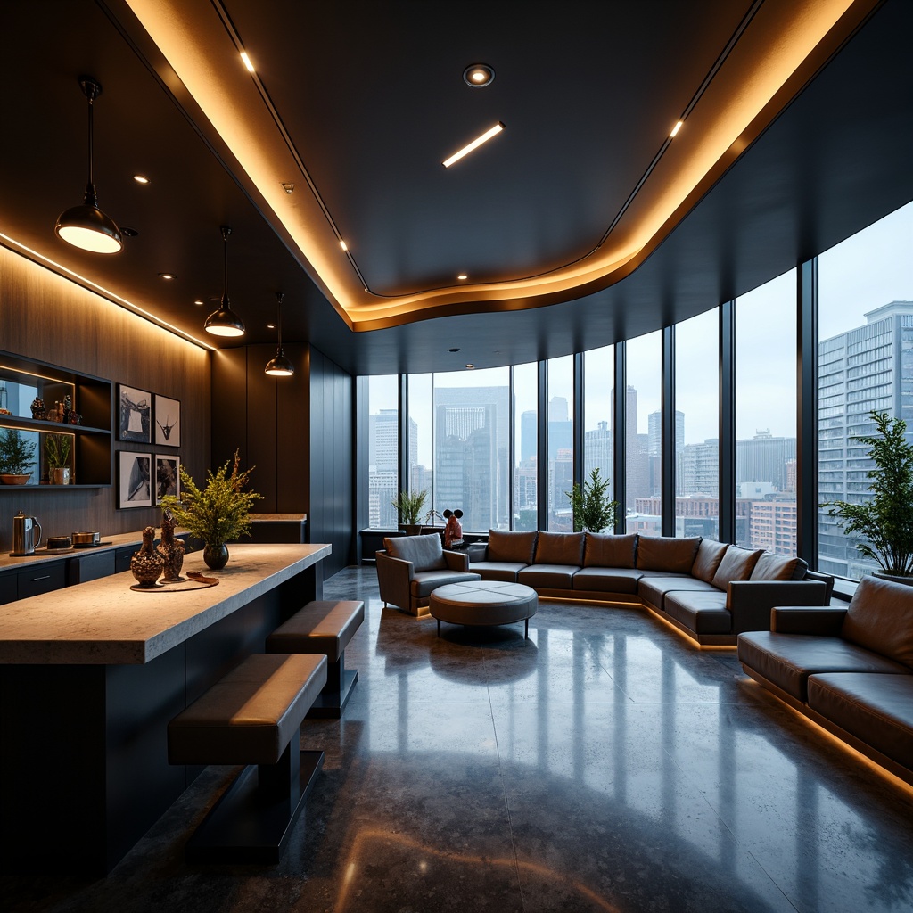 Prompt: Sleek modern interior, minimalist decor, floor-to-ceiling windows, natural ambient lighting, LED strip lights, recessed lighting, pendant lamps, metallic finishes, glossy surfaces, warm color temperatures, soft indirect illumination, layered lighting effects, atmospheric mood, futuristic ambiance, abstract sculptures, monochromatic color schemes, high-contrast textures, urban cityscape views, 1/1 composition, shallow depth of field, realistic reflections.