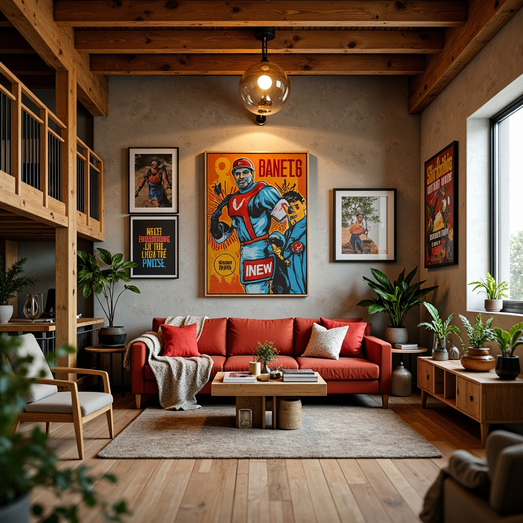 Prompt: Vibrant artistic studio, natural wood accents, earthy tone walls, eclectic furniture pieces, bold colorful artwork, inspirational quotes, cozy reading nook, soft warm lighting, shallow depth of field, 3/4 composition, panoramic view, realistic textures, ambient occlusion.