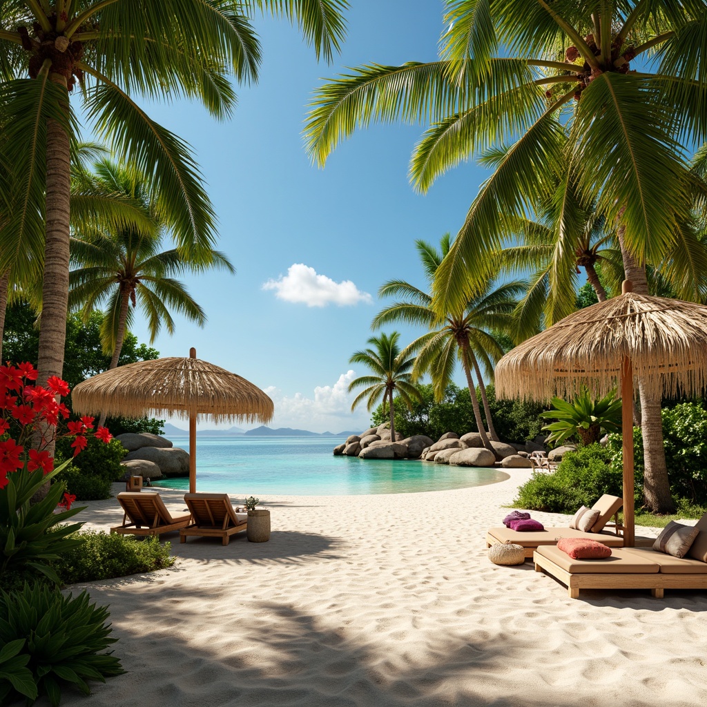 Prompt: Vibrant tropical island, lush green palm trees, exotic hibiscus flowers, warm sandy beach, crystal-clear turquoise water, colorful tiki torches, woven rattan furniture, natural wood accents, woven bamboo textures, soft pastel colors, creamy whites, rich greens, blues and yellows, sunny afternoon, soft diffused lighting, shallow depth of field, 1/1 composition, realistic render, ambient occlusion.