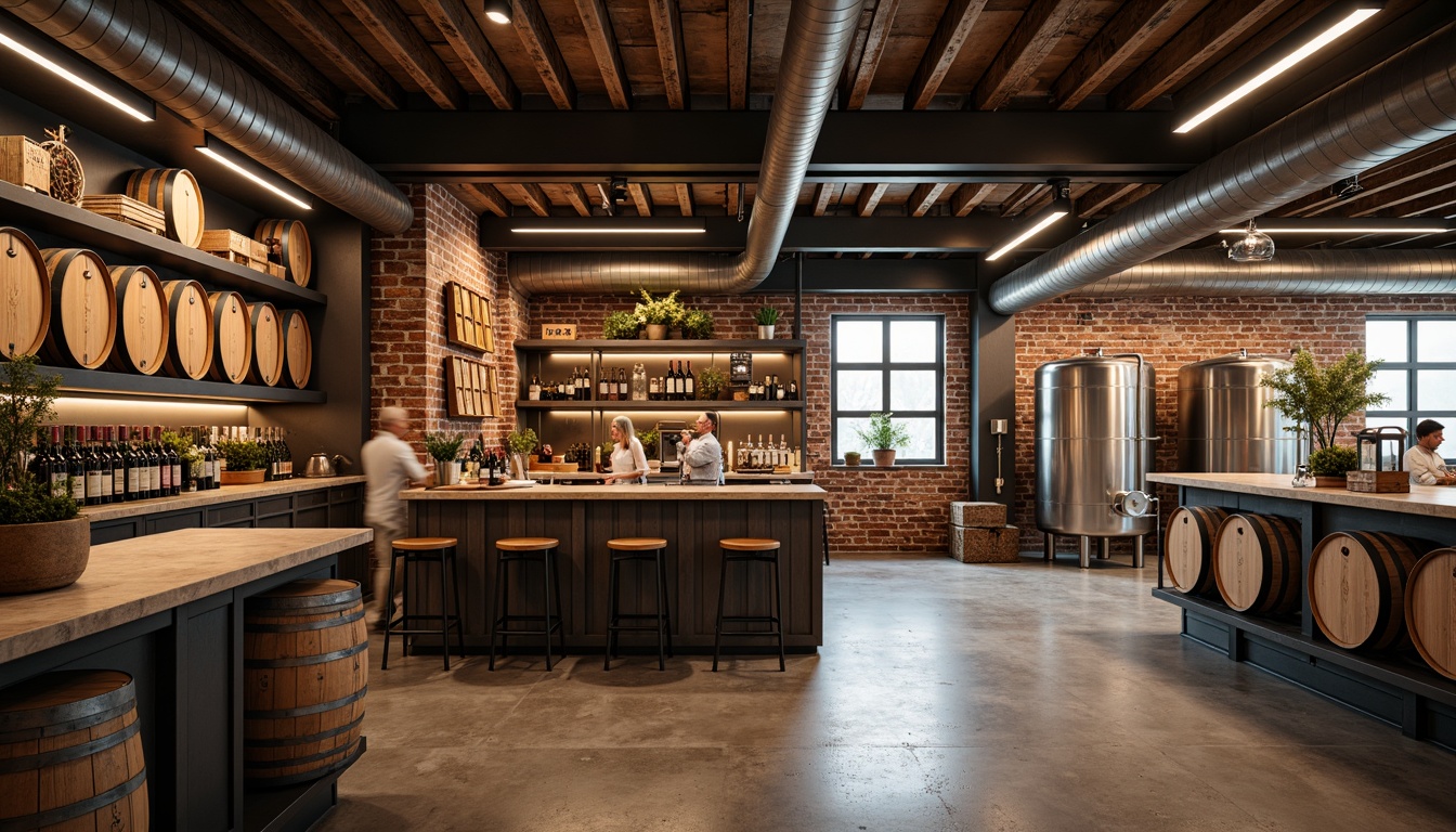 Prompt: Rustic winery interior, reclaimed wood accents, industrial metal beams, exposed brick walls, vintage wine barrels, wooden crates, metal piping, Edison bulb lighting, polished concrete floors, modern minimalist decor, urban chic atmosphere, natural stone countertops, stainless steel tanks, fermentation equipment, oak aging barrels, earthy color palette, warm ambient lighting, shallow depth of field, 1/1 composition, realistic textures.