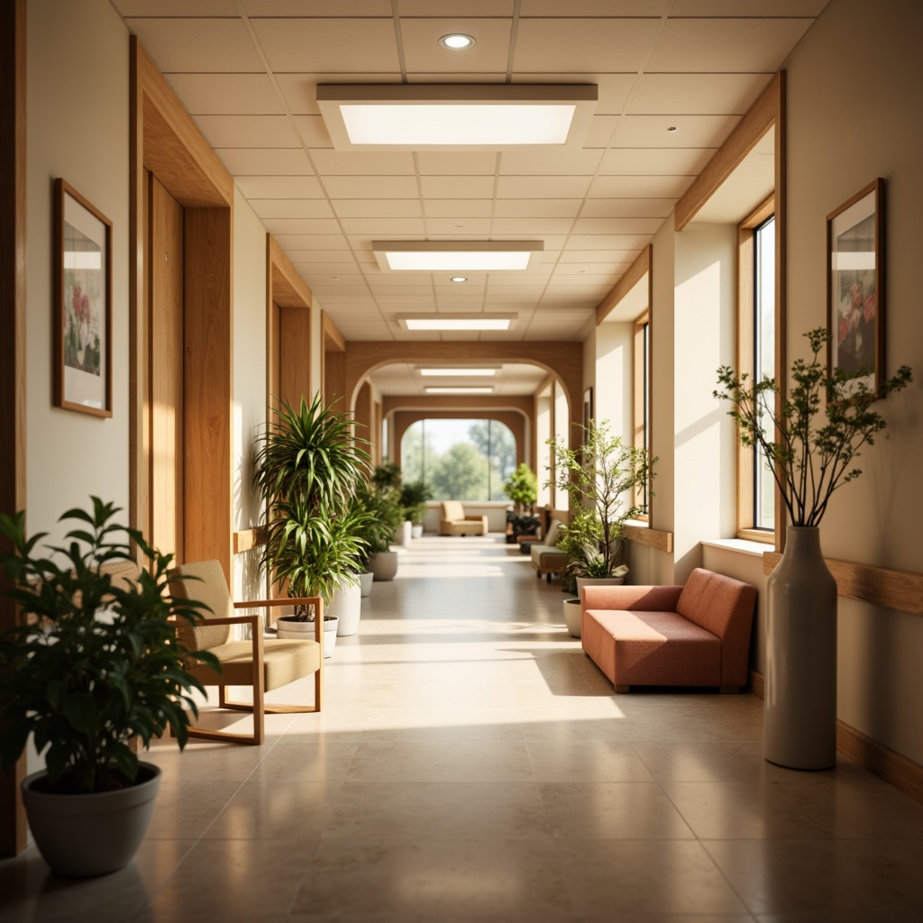 Prompt: Soothing hospital corridor, warm beige walls, gentle LED lighting, calming softbox lamps, natural daylight, serene ambiance, peaceful atmosphere, comfortable seating areas, lush greenery, vibrant flowers, warm wooden accents, calming color palette, subtle texture variations, shallow depth of field, 1/1 composition, realistic renderings, ambient occlusion.