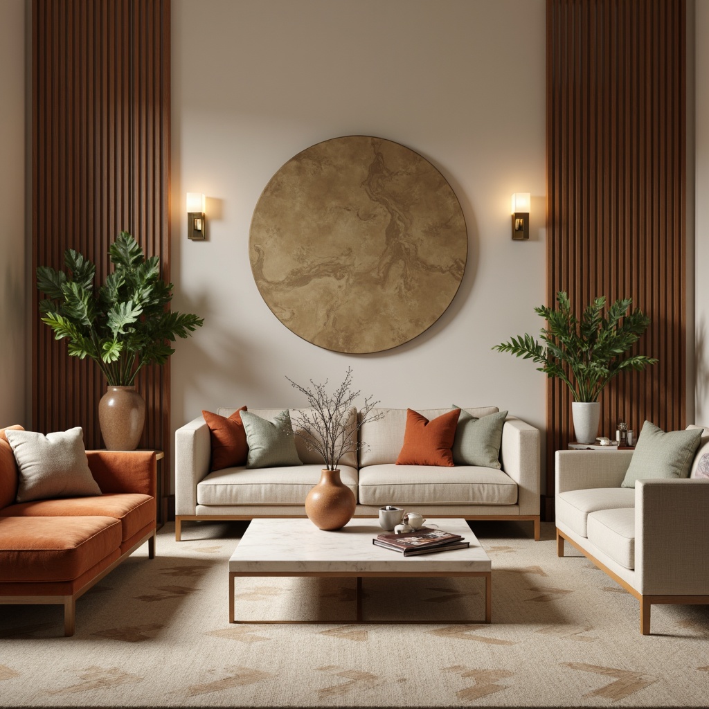 Prompt: Warm beige walls, rich walnut wood accents, plush velvet sofas, golden bronze lighting fixtures, natural linen upholstery, soft sage greenery, subtle herringbone patterns, earthy terracotta vases, elegant marble coffee tables, luxurious cream-colored area rugs, warm ambient lighting, shallow depth of field, 1/1 composition, realistic textures, ambient occlusion.