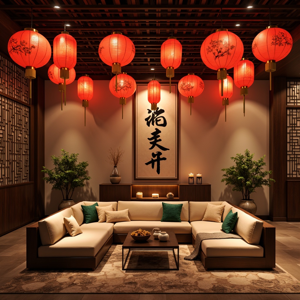 Prompt: Vibrant red lanterns, golden accents, rich wood tones, intricately carved furniture, ornate ceramics, warm beige walls, soft cream-colored textiles, natural stone flooring, traditional Asian-inspired patterns, bold black calligraphy, delicate cherry blossom motifs, warm candlelight, shallow depth of field, 1/1 composition, intimate atmosphere, realistic textures, subtle ambient occlusion.