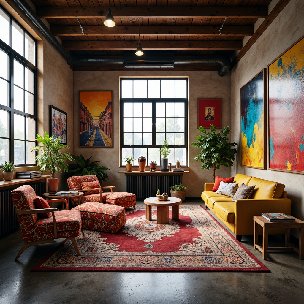 Prompt: Vibrant artistic studio, eclectic furniture, abstract paintings, ornate rugs, rich wood accents, bold color blocking, contrasting textures, geometric patterns, modern art pieces, industrial lighting fixtures, metal beams, polished concrete floors, urban loft atmosphere, natural light pouring in, soft warm glow, 1/1 composition, shallow depth of field, realistic reflections.