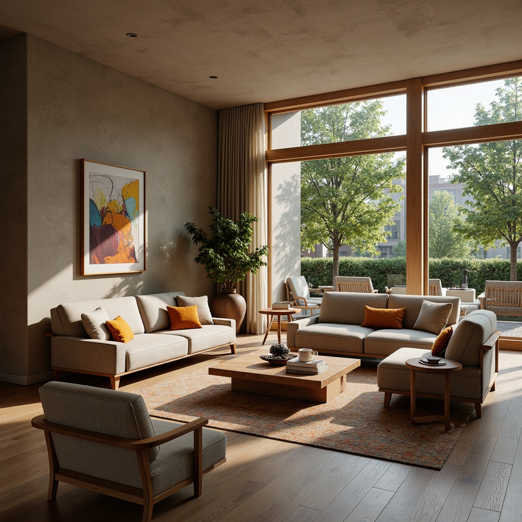 Prompt: Cozy living room, comfortable sofas, plush armchairs, wooden coffee tables, vibrant throw pillows, soft rugs, large windows, natural light, minimalist decor, modern interior design, 3/4 composition, warm color palette, textured fabrics, ambient lighting, shallow depth of field, realistic reflections.