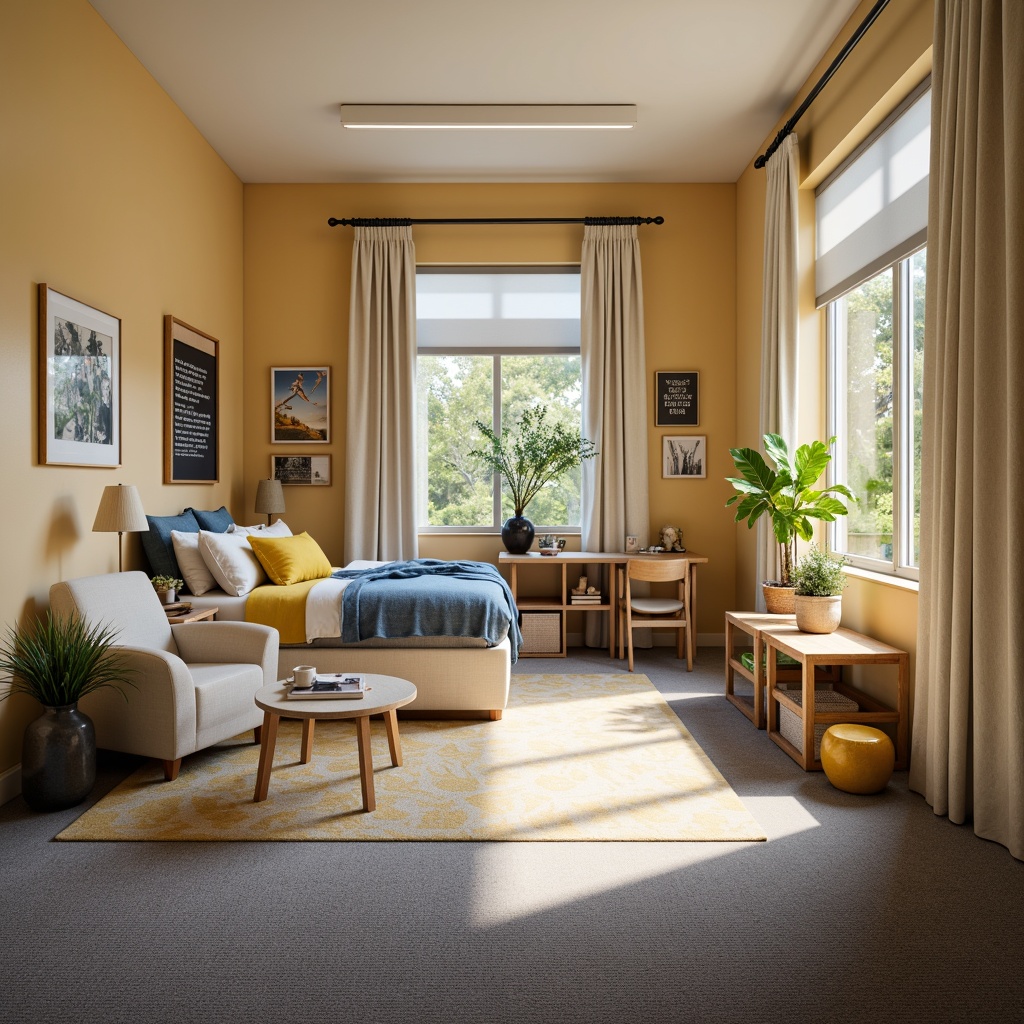 Prompt: Cozy dorm rooms, warm beige walls, soft cream accents, calming blue tones, vibrant yellow highlights, natural wood furniture, plush carpets, modern minimalist decor, ample storage spaces, comfortable seating areas, collaborative study zones, inspirational quotes, stimulating artwork, functional task lighting, 1/1 composition, shallow depth of field, realistic textures, ambient occlusion.