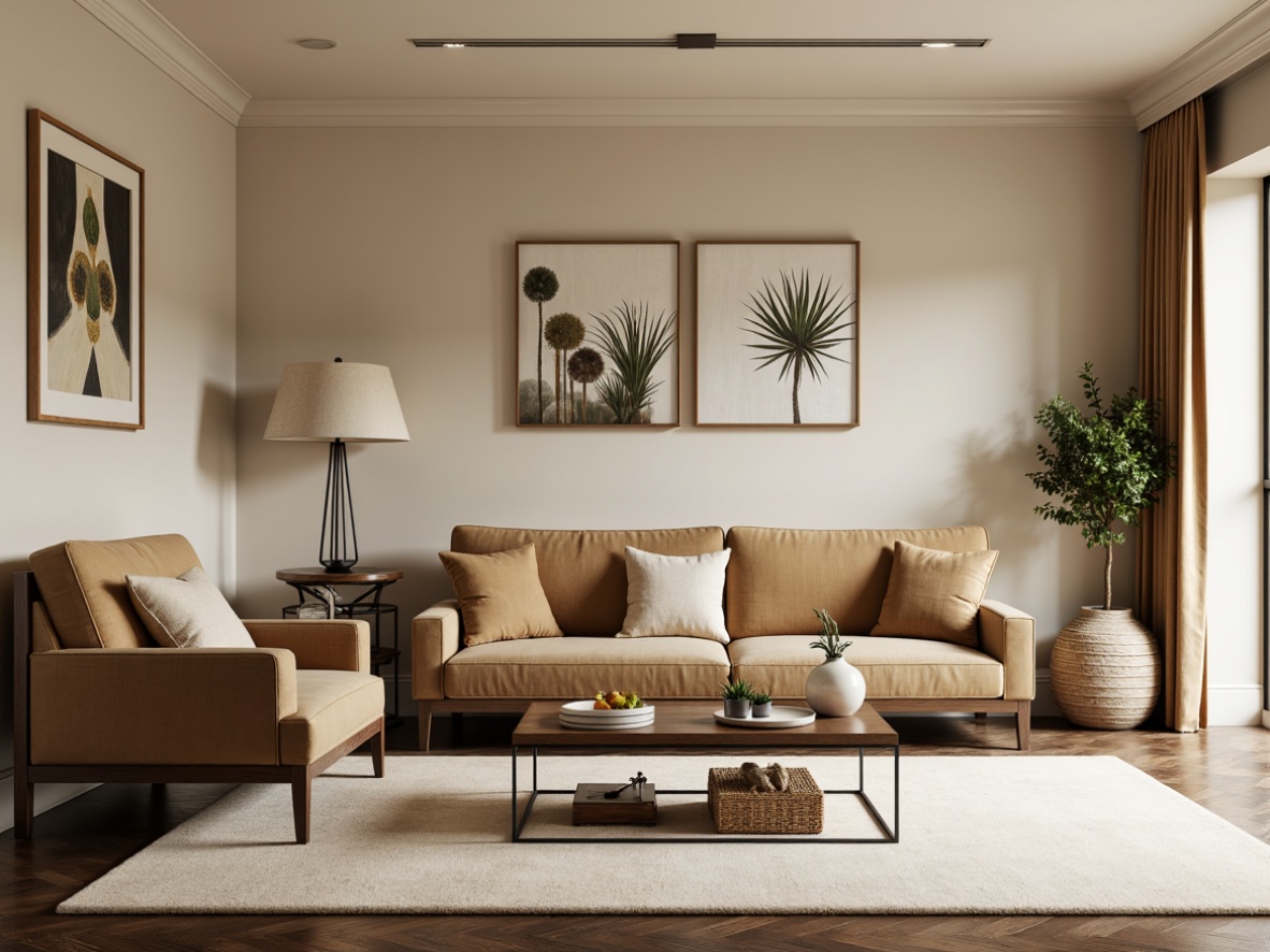 Prompt: Transitional style living room, comfortable sofas, velvet upholstery, wooden accents, rounded shapes, neutral color palette, beige walls, cream-colored rugs, metallic coffee tables, minimalist lamps, soft cushions, natural textiles, woven baskets, botanical prints, abstract artwork, warm ambient lighting, cozy atmosphere, 1/1 composition, shallow depth of field, realistic textures.