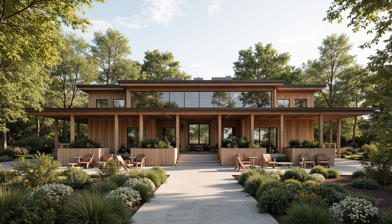 Prompt: Rustic wooden courthouse, natural stone fa\u00e7ade, earthy tone color palette, Nordic-inspired minimalism, sleek glass windows, sustainable energy-efficient systems, solar panels, green roofs, recycled metal structures, reclaimed wood accents, organic textures, botanical patterns, soft warm lighting, shallow depth of field, 1/1 composition, realistic renderings, ambient occlusion.