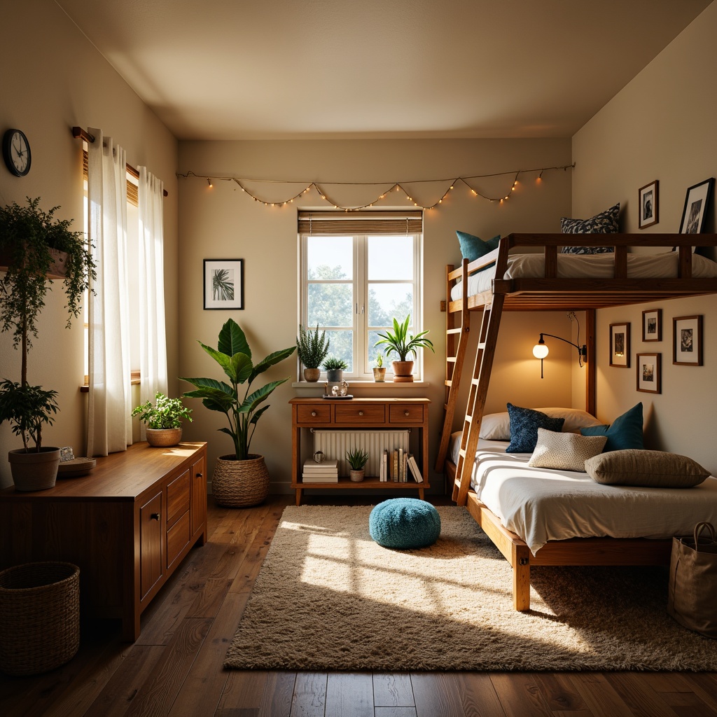 Prompt: Cozy dorm room, warm beige walls, soft cream-colored bedding, rich walnut furniture, plush carpeting, calming blue accents, natural wood tones, earthy terracotta pots, vibrant greenery, delicate string lights, warm white lighting, shallow depth of field, 1/2 composition, intimate atmosphere, realistic textures, ambient occlusion.