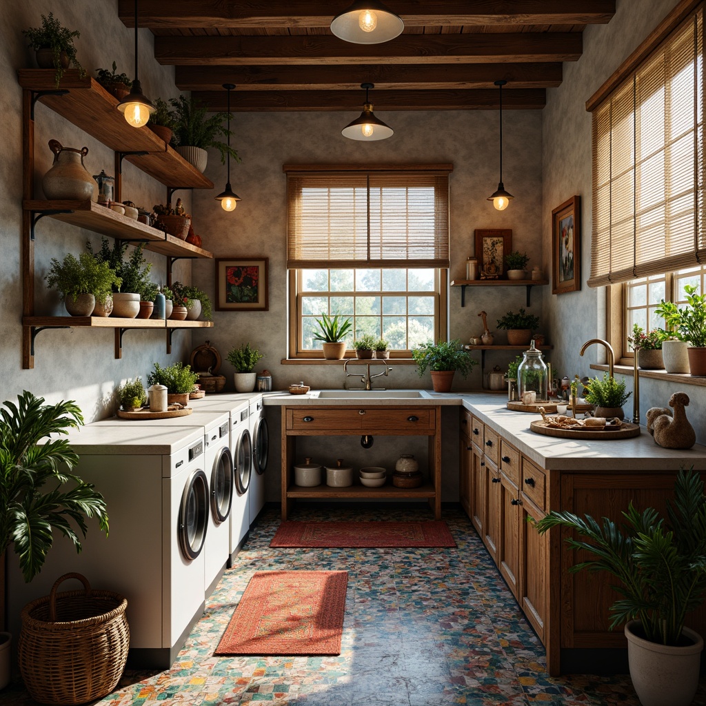 Prompt: Vintage laundry room, eclectic decor, distressed wooden cabinets, rustic metal lighting fixtures, pendant lamps, Edison bulbs, industrial-chic accents, exposed brick walls, concrete floors, colorful Moroccan tiles, woven baskets, natural textiles, lush greenery, soft warm lighting, shallow depth of field, 3/4 composition, realistic textures, ambient occlusion.