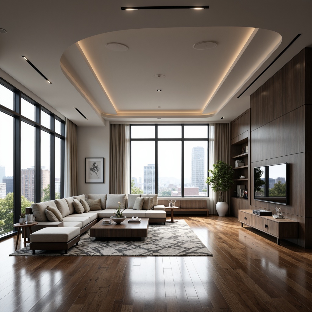 Prompt: Curved lines, minimalist decor, monochromatic color scheme, sleek metallic accents, polished wooden floors, low-profile furniture, built-in shelving units, hidden lighting systems, floor-to-ceiling windows, urban cityscape views, morning natural light, soft diffused shadows, 1/1 composition, symmetrical arrangement, realistic reflective surfaces, ambient occlusion, modernist art pieces, geometric patterned rugs, luxurious velvet upholstery, hidden storage compartments.