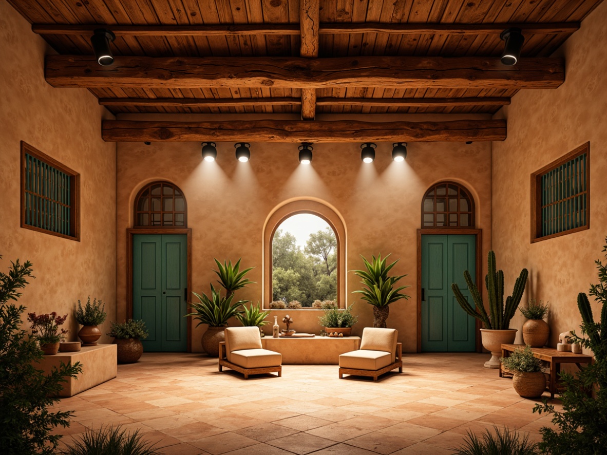 Prompt: Rustic southwestern stage, warm sandy tones, adobe-inspired architecture, vibrant turquoise accents, ornate metalwork, wooden beam ceilings, earthy terracotta flooring, lush greenery, cacti plants, dramatic spotlights, warm golden lighting, shallow depth of field, 1/1 composition, cinematic perspective, realistic textures, ambient occlusion.