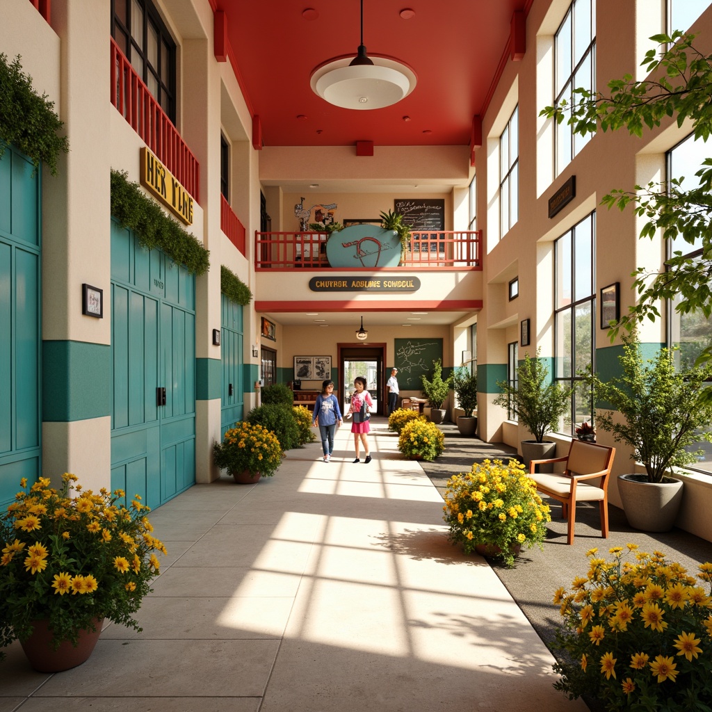 Prompt: Vibrant elementary school, Art Deco style, bright color palette, turquoise accents, yellow sunflowers, bold red columns, creamy white walls, geometric patterns, ornate metalwork, luxurious velvet textures, rich wood tones, playful polka dots, whimsical illustrations, cheerful chalkboard signs, lively locker rooms, bustling corridors, warm sunny day, soft natural lighting, shallow depth of field, 1/1 composition, realistic textures, ambient occlusion.