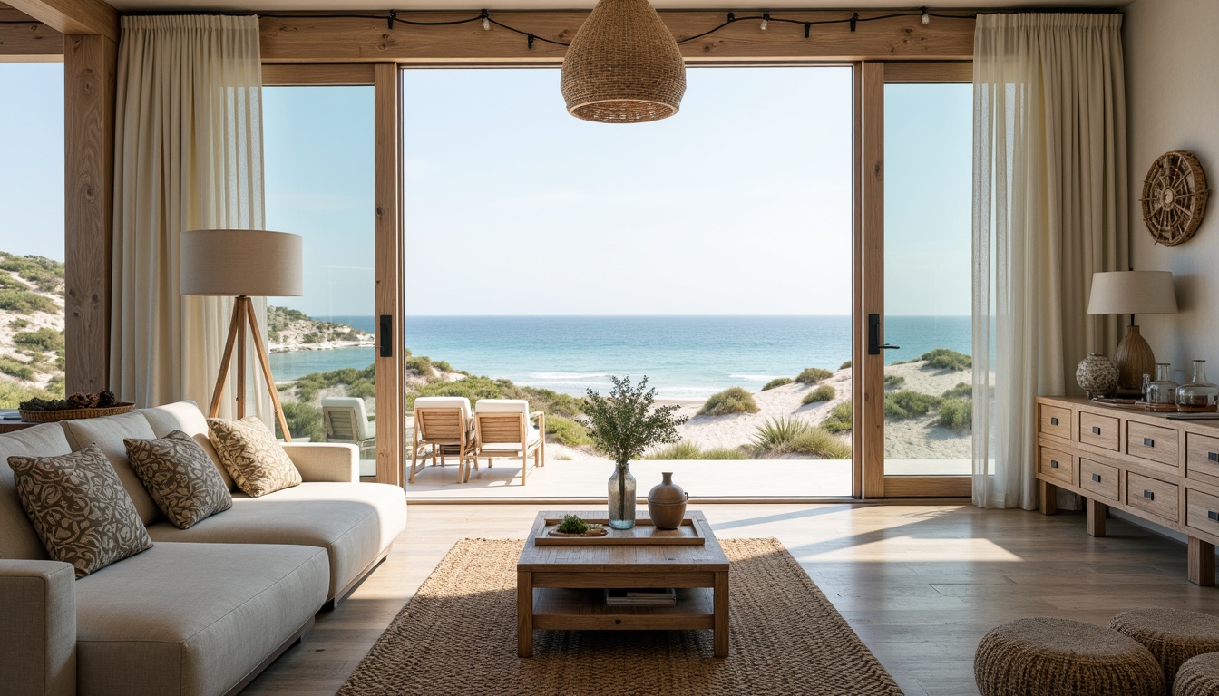 Prompt: Coastal cottage, ocean views, soft sandy dunes, driftwood accents, natural fabrics, linen upholstery, sea-salt hues, weathered wood tones, nautical ropes, woven jute rugs, coral-inspired patterns, shell-shaped decor, ocean breeze, sunny day, warm ambient lighting, shallow depth of field, 3/4 composition, realistic textures, ambient occlusion.